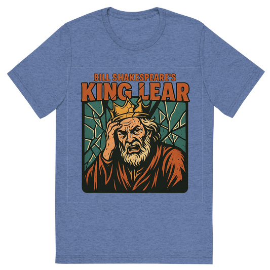 Front view of a Premium Tri-Blend Crew Neck T-Shirt in Blue showing 'A retro, edgy graphic of a visual representation of a key theme and character from william shakespeare's king lear'