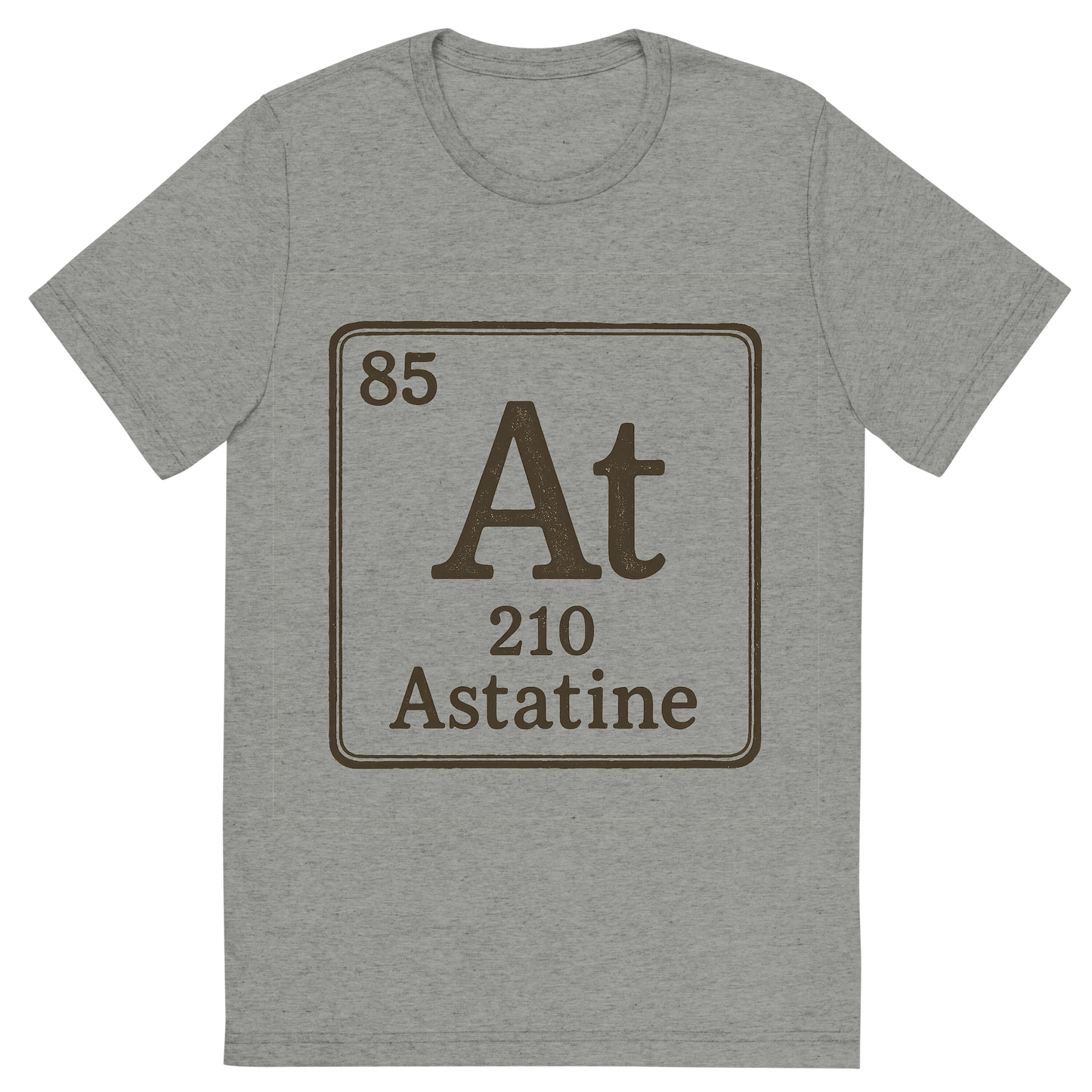 Front view of a Premium Tri-Blend Crew Neck T-Shirt in Athletic Grey showing 'A line art, nostalgic graphic of astatine's entry on the periodic table, use a dark color for the lines and text'