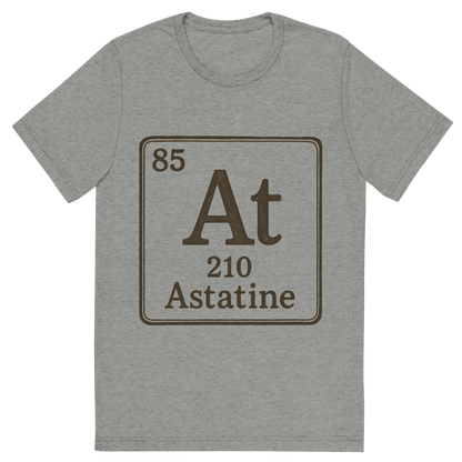 Front view of a Premium Tri-Blend Crew Neck T-Shirt in Athletic Grey showing 'A line art, nostalgic graphic of astatine's entry on the periodic table, use a dark color for the lines and text'