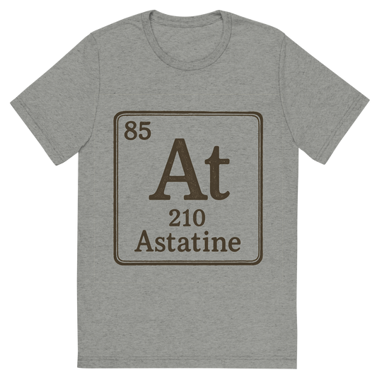 Front view of a Premium Tri-Blend Crew Neck T-Shirt in Athletic Grey showing 'A line art, nostalgic graphic of astatine's entry on the periodic table, use a dark color for the lines and text'