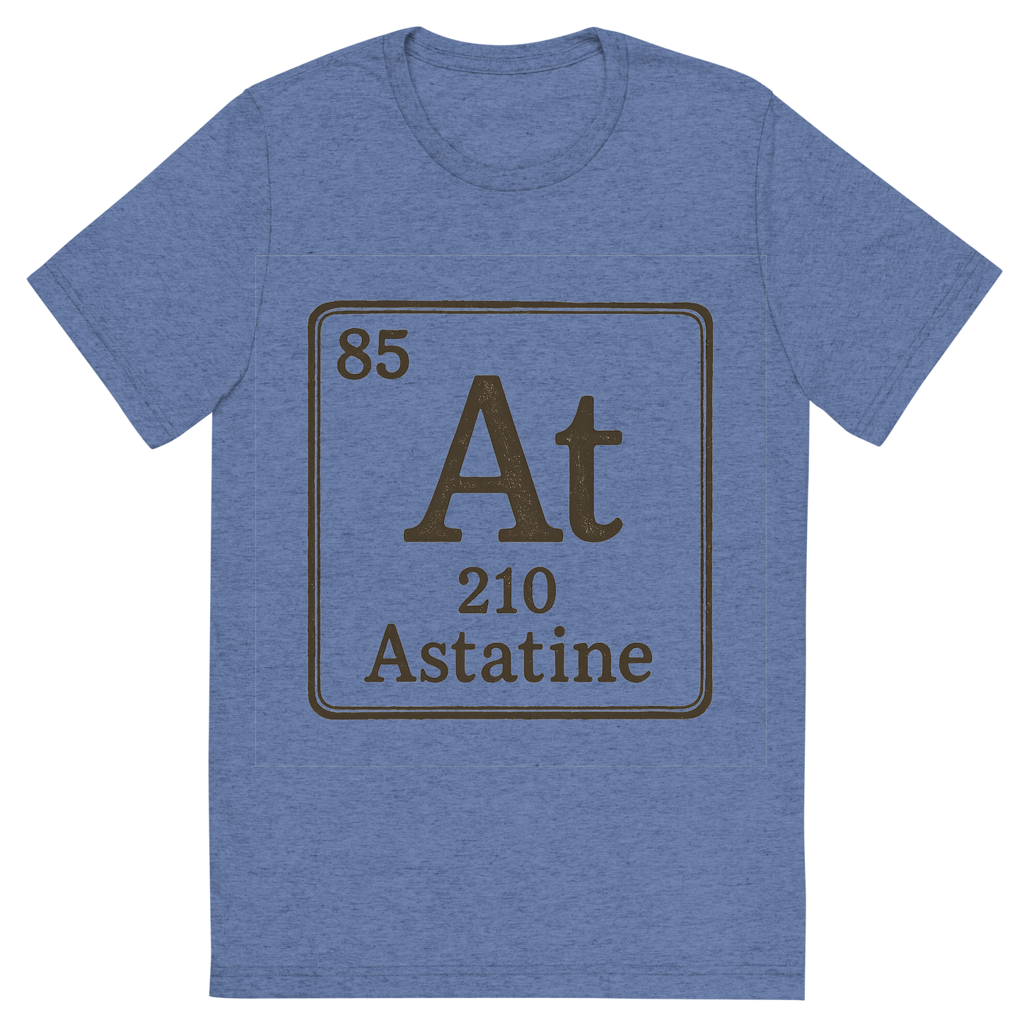 Front view of a Premium Tri-Blend Crew Neck T-Shirt in Blue showing 'A line art, nostalgic graphic of astatine's entry on the periodic table, use a dark color for the lines and text'