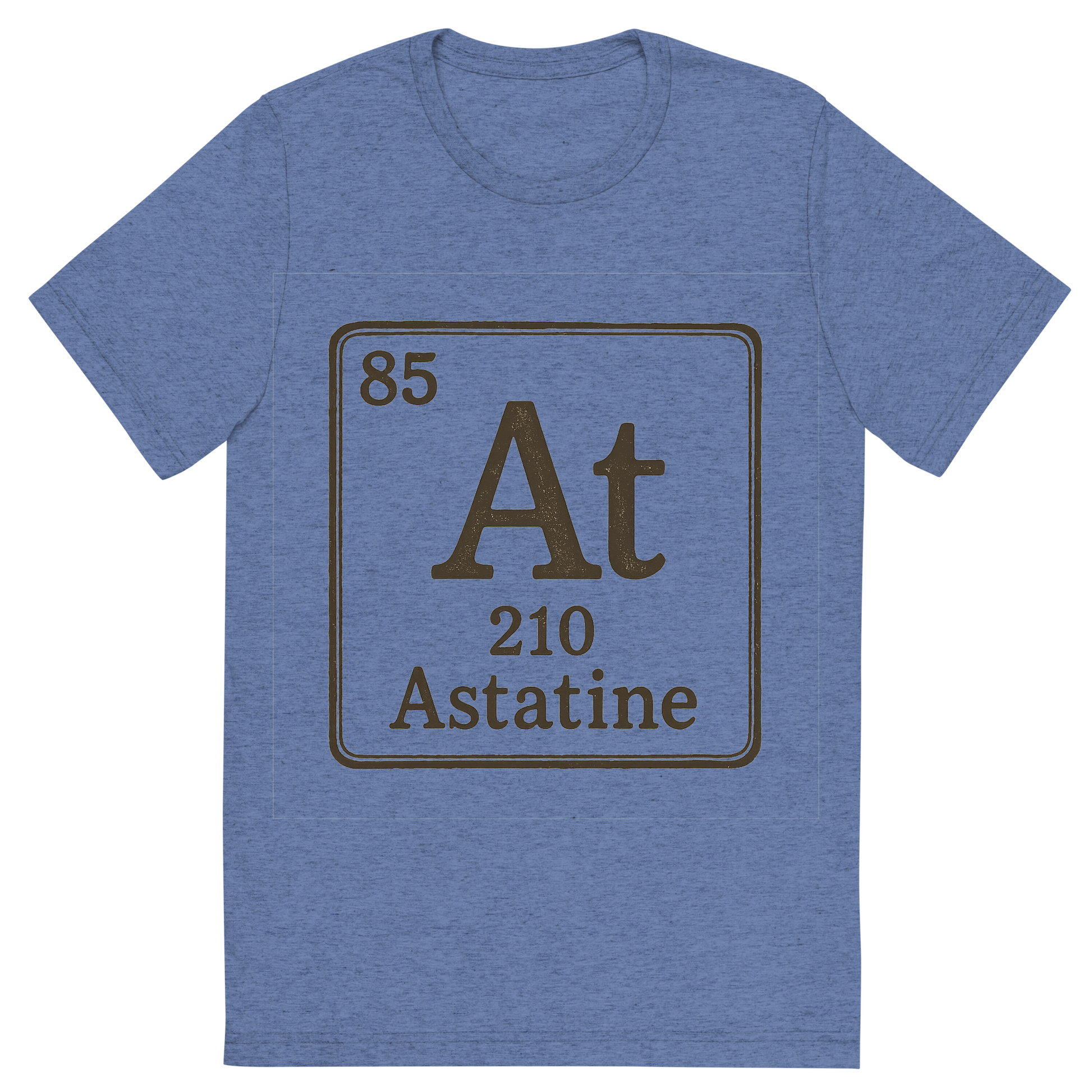 Front view of a Premium Tri-Blend Crew Neck T-Shirt in Blue showing 'A line art, nostalgic graphic of astatine's entry on the periodic table, use a dark color for the lines and text'