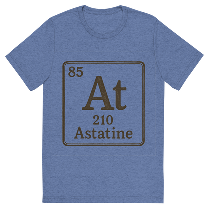 Front view of a Premium Tri-Blend Crew Neck T-Shirt in Blue showing 'A line art, nostalgic graphic of astatine's entry on the periodic table, use a dark color for the lines and text'