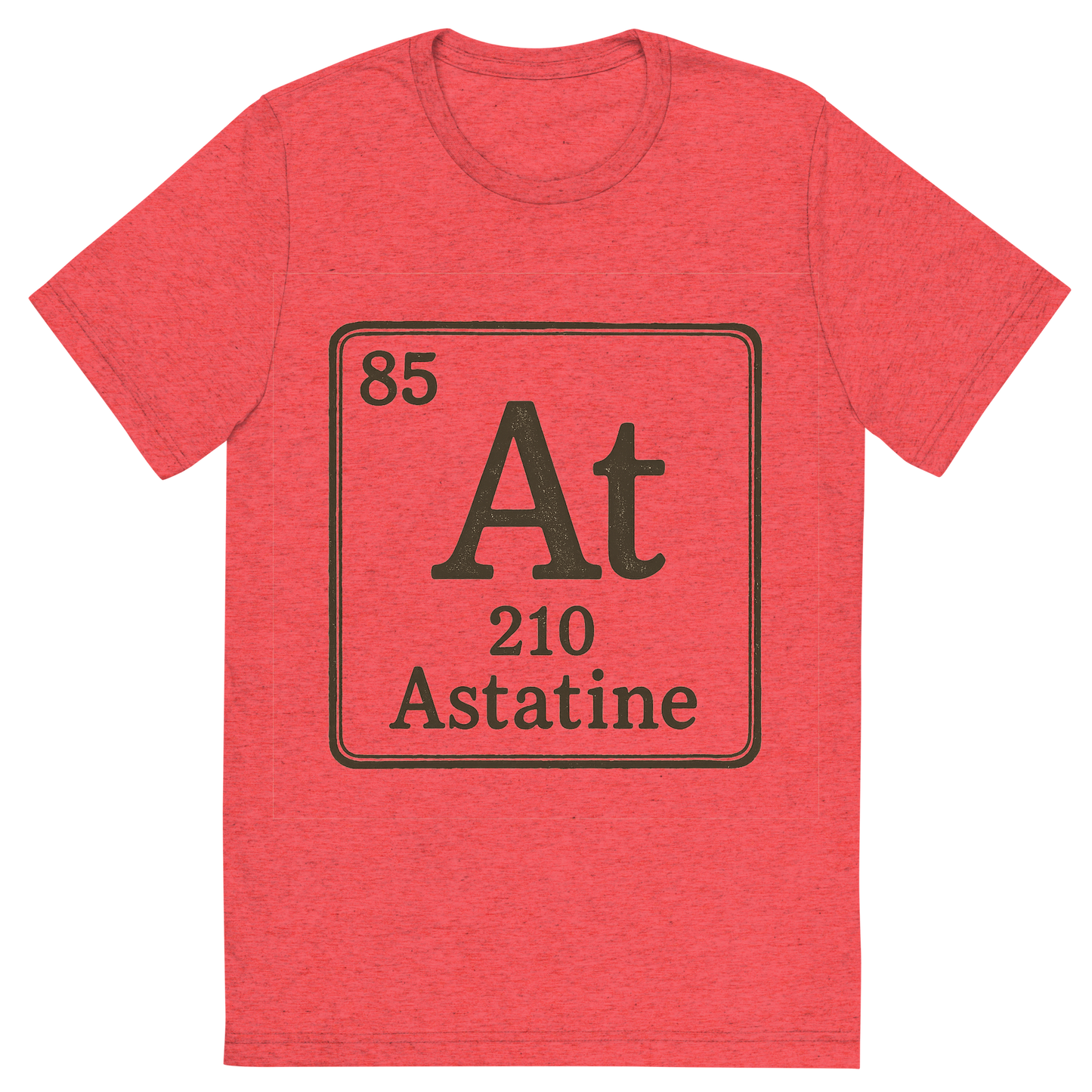 Front view of a Premium Tri-Blend Crew Neck T-Shirt in Red showing 'A line art, nostalgic graphic of astatine's entry on the periodic table, use a dark color for the lines and text'