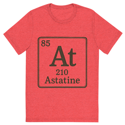 Front view of a Premium Tri-Blend Crew Neck T-Shirt in Red showing 'A line art, nostalgic graphic of astatine's entry on the periodic table, use a dark color for the lines and text'