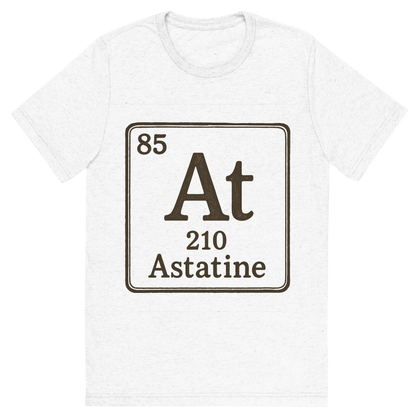 Front view of a Premium Tri-Blend Crew Neck T-Shirt in Solid White showing 'A line art, nostalgic graphic of astatine's entry on the periodic table, use a dark color for the lines and text'