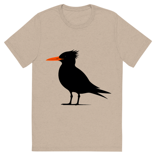 Front view of a Premium Tri-Blend Crew Neck T-Shirt in Tan showing 'A high-contrast silhouette with minimal accent color, refined graphic of a silhouette of a royal tern standing with windswept crest and orange bill highlighted, clean and elegant lines, transparent background, optimized for dtg printing'