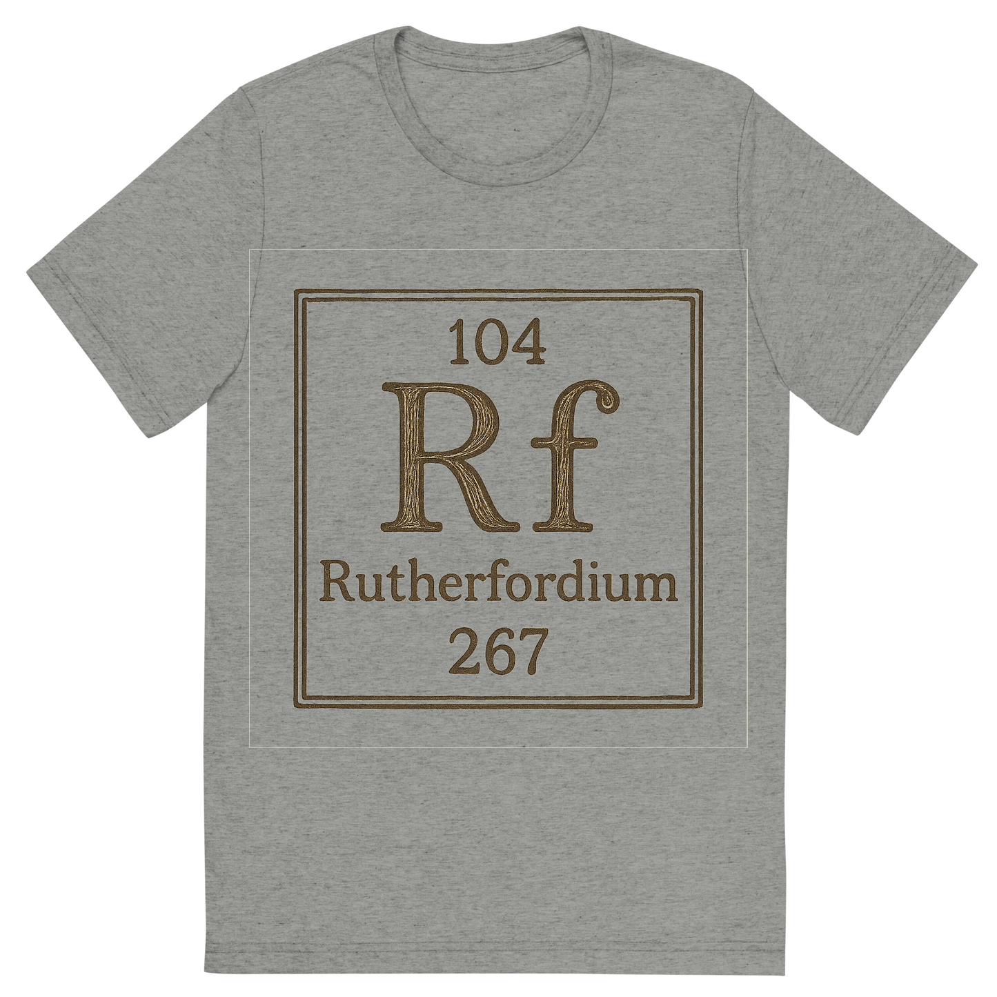 Front view of a Premium Tri-Blend Crew Neck T-Shirt in Athletic Grey showing 'A line art, nostalgic graphic of rutherfordium's entry on the periodic table, use a dark color for the lines and text'