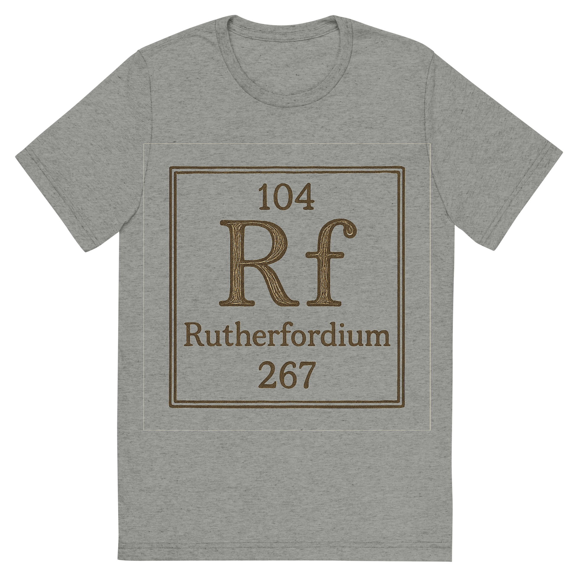 Front view of a Premium Tri-Blend Crew Neck T-Shirt in Athletic Grey showing 'A line art, nostalgic graphic of rutherfordium's entry on the periodic table, use a dark color for the lines and text'