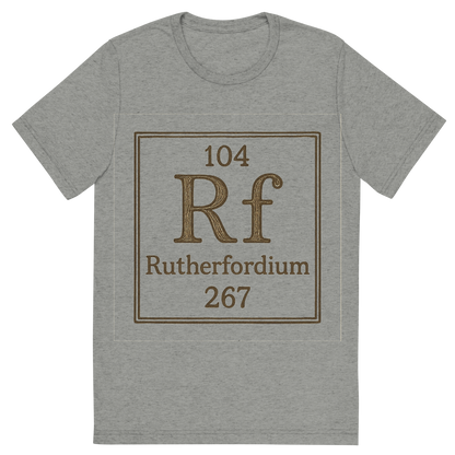 Front view of a Premium Tri-Blend Crew Neck T-Shirt in Athletic Grey showing 'A line art, nostalgic graphic of rutherfordium's entry on the periodic table, use a dark color for the lines and text'