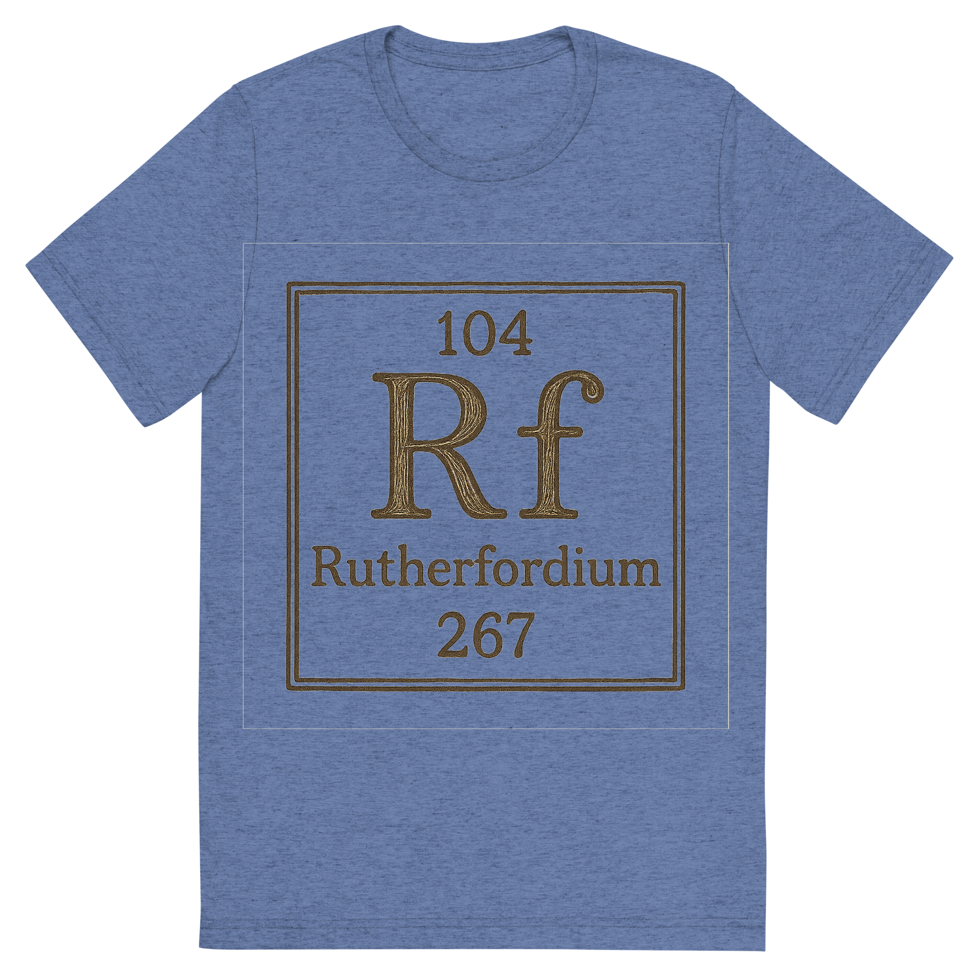 Front view of a Premium Tri-Blend Crew Neck T-Shirt in Blue showing 'A line art, nostalgic graphic of rutherfordium's entry on the periodic table, use a dark color for the lines and text'