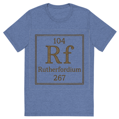 Front view of a Premium Tri-Blend Crew Neck T-Shirt in Blue showing 'A line art, nostalgic graphic of rutherfordium's entry on the periodic table, use a dark color for the lines and text'