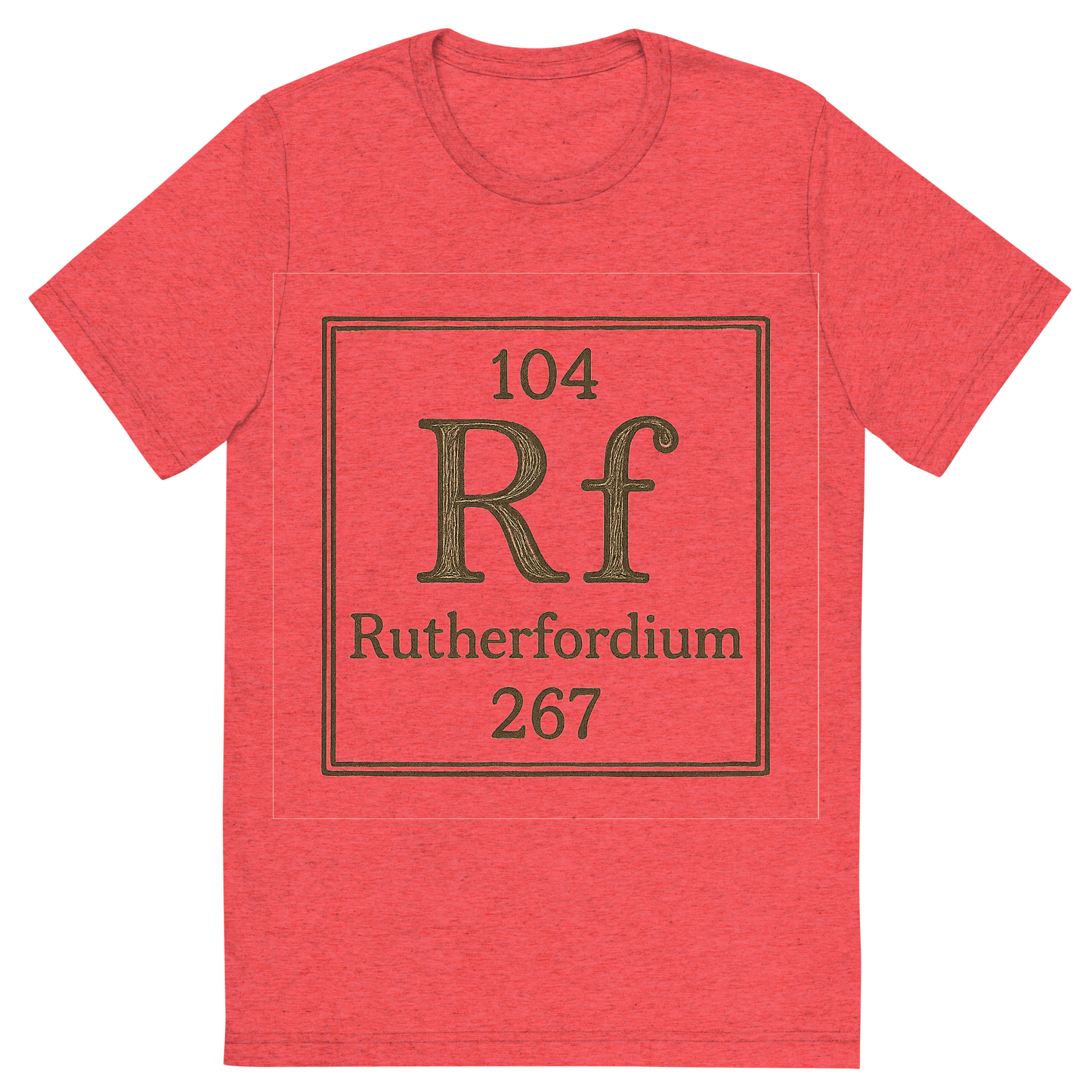 Front view of a Premium Tri-Blend Crew Neck T-Shirt in Red showing 'A line art, nostalgic graphic of rutherfordium's entry on the periodic table, use a dark color for the lines and text'