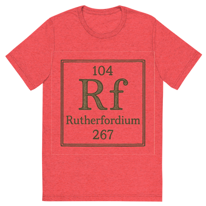 Front view of a Premium Tri-Blend Crew Neck T-Shirt in Red showing 'A line art, nostalgic graphic of rutherfordium's entry on the periodic table, use a dark color for the lines and text'