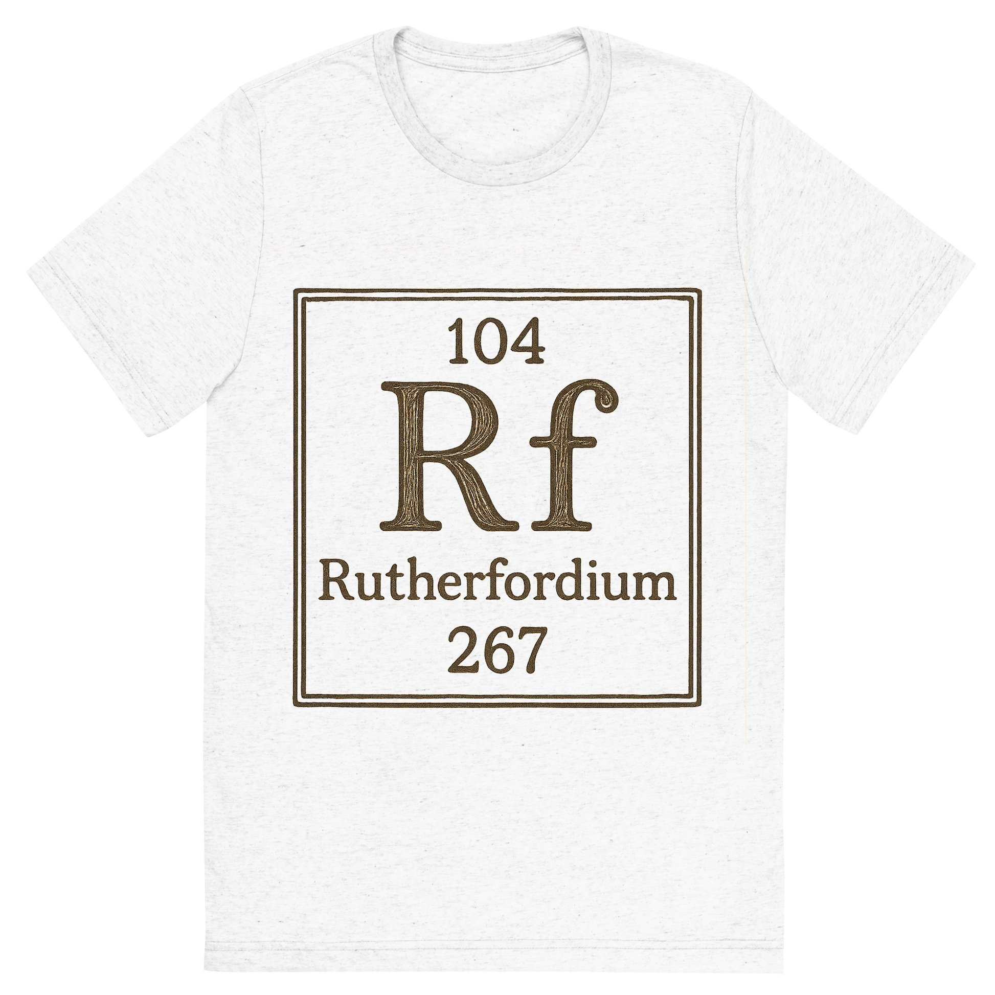Front view of a Premium Tri-Blend Crew Neck T-Shirt in Solid White showing 'A line art, nostalgic graphic of rutherfordium's entry on the periodic table, use a dark color for the lines and text'