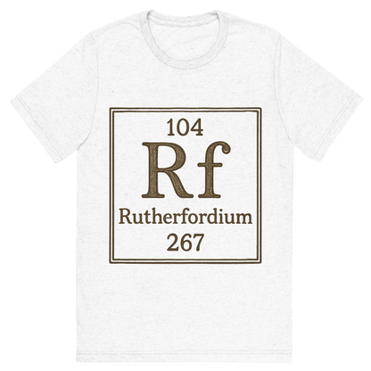 Front view of a Premium Tri-Blend Crew Neck T-Shirt in Solid White showing 'A line art, nostalgic graphic of rutherfordium's entry on the periodic table, use a dark color for the lines and text'