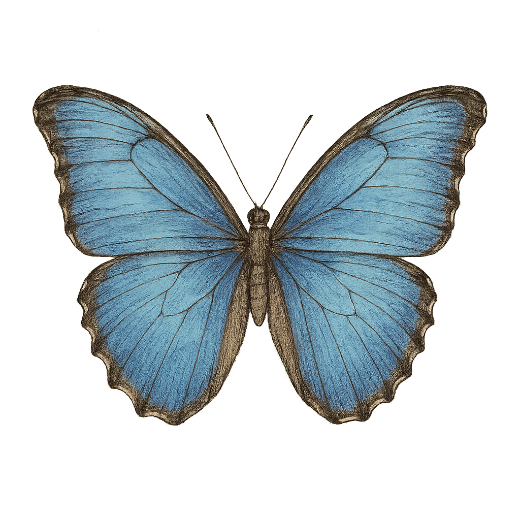 A hand-drawn, tranquil graphic of blue morpho butterfly – a t-shirt design