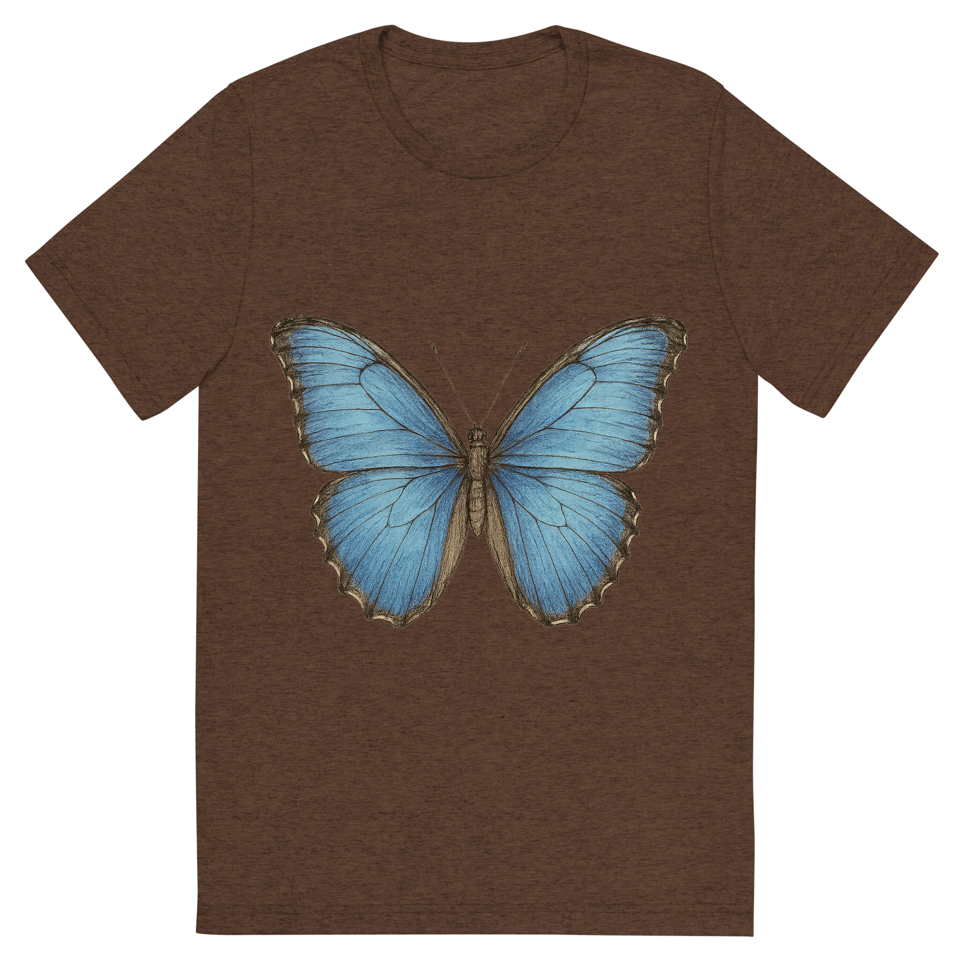 Front view of a Premium Tri-Blend Crew Neck T-Shirt in Brown showing 'A hand-drawn, tranquil graphic of blue morpho butterfly'