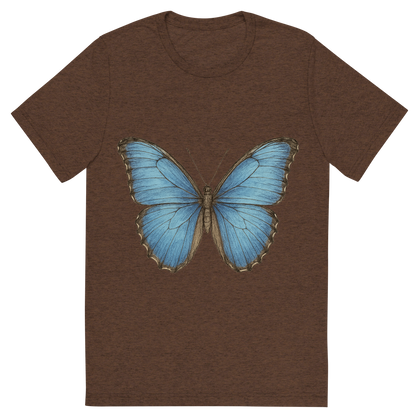 Front view of a Premium Tri-Blend Crew Neck T-Shirt in Brown showing 'A hand-drawn, tranquil graphic of blue morpho butterfly'