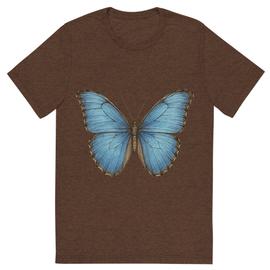 Front view of a Premium Tri-Blend Crew Neck T-Shirt in Brown showing 'A hand-drawn, tranquil graphic of blue morpho butterfly'