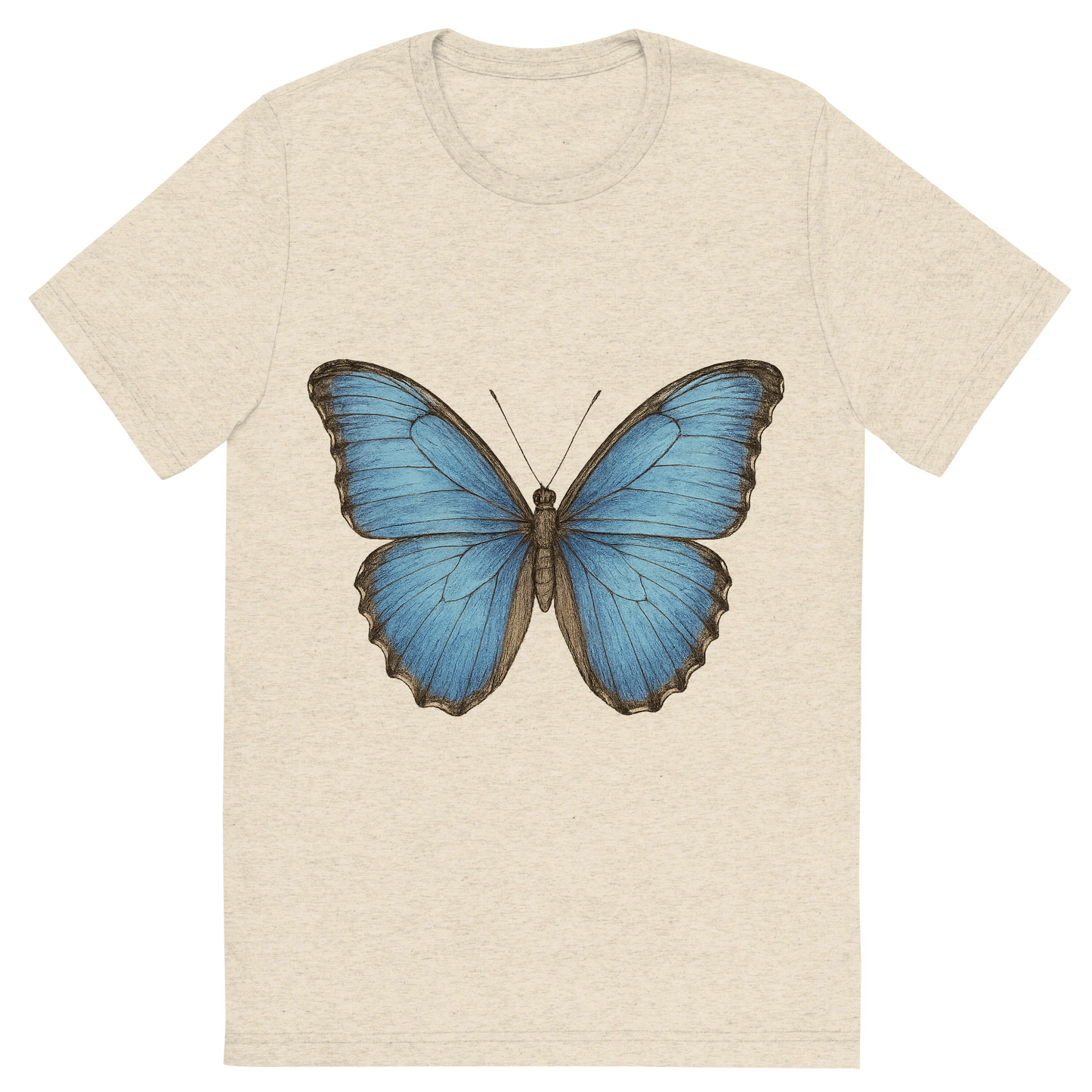 Front view of a Premium Tri-Blend Crew Neck T-Shirt in Oatmeal showing 'A hand-drawn, tranquil graphic of blue morpho butterfly'