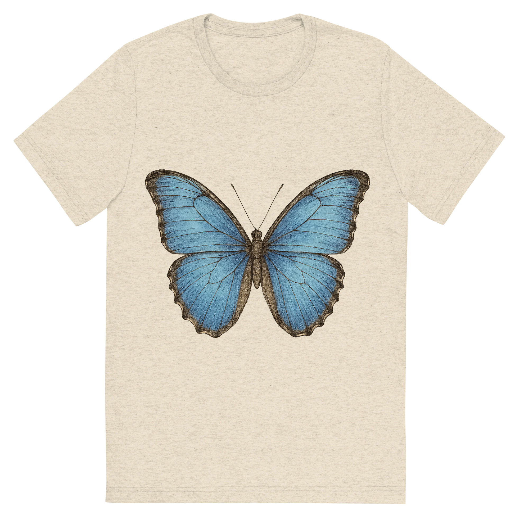 Front view of a Premium Tri-Blend Crew Neck T-Shirt in Oatmeal showing 'A hand-drawn, tranquil graphic of blue morpho butterfly'