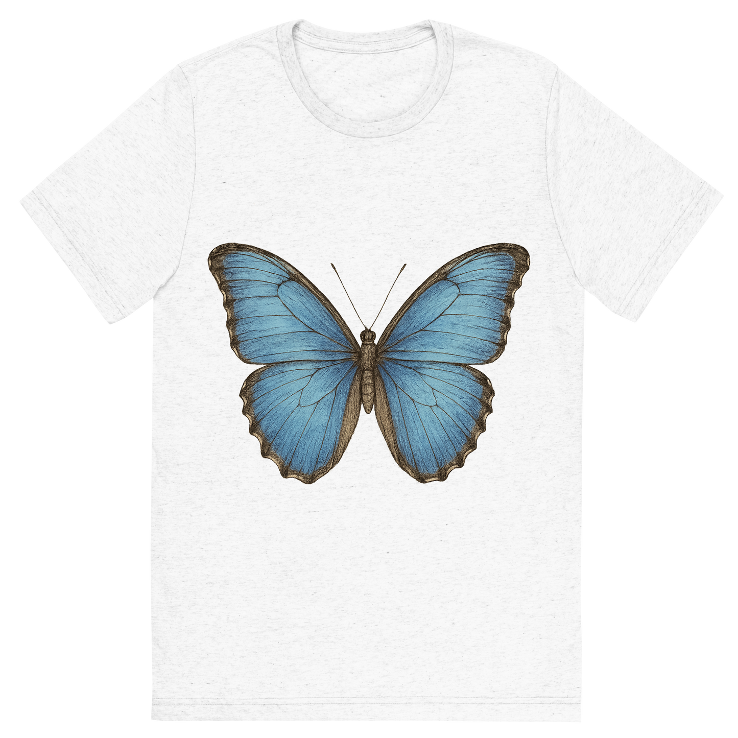 Front view of a Premium Tri-Blend Crew Neck T-Shirt in Solid White showing 'A hand-drawn, tranquil graphic of blue morpho butterfly'