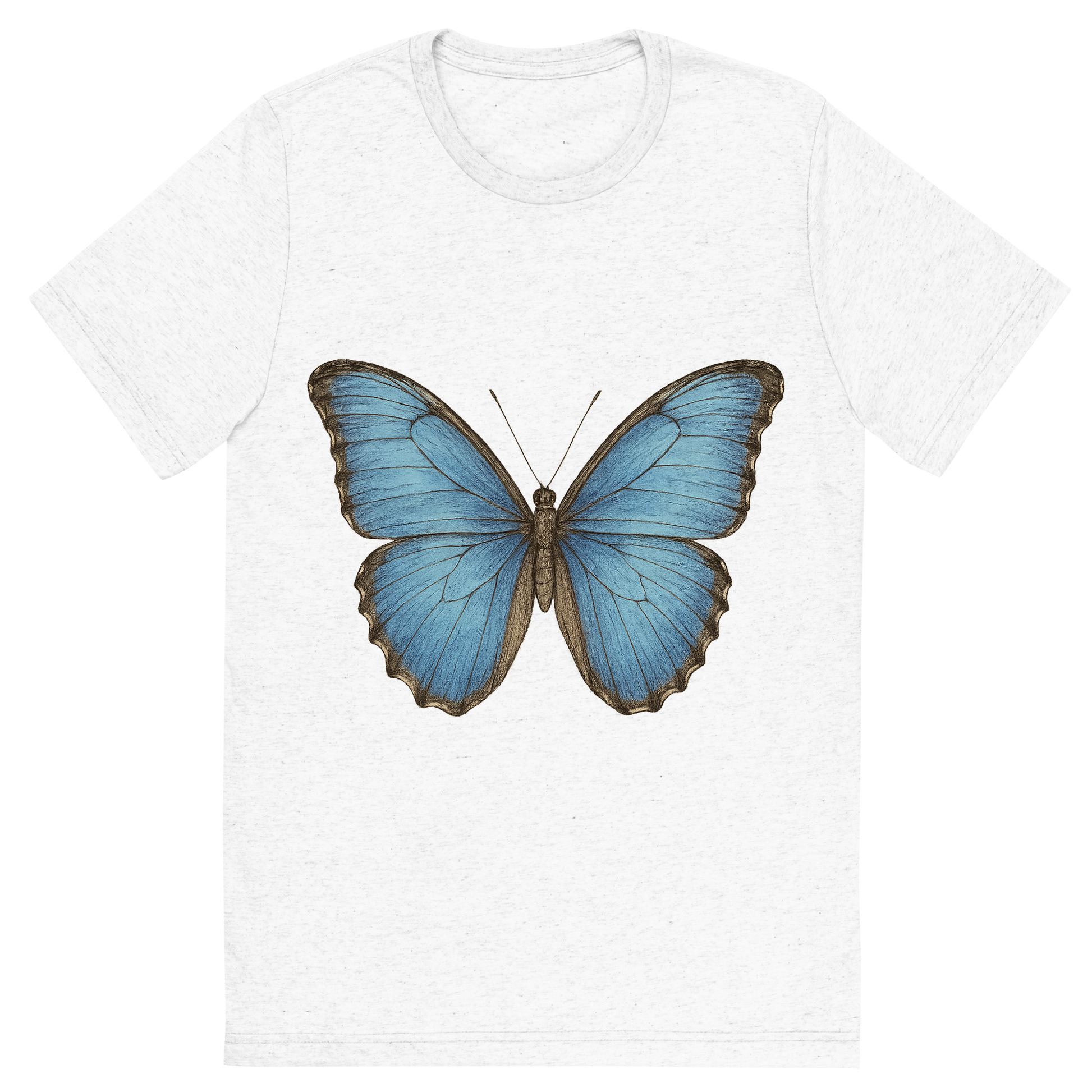 Front view of a Premium Tri-Blend Crew Neck T-Shirt in Solid White showing 'A hand-drawn, tranquil graphic of blue morpho butterfly'