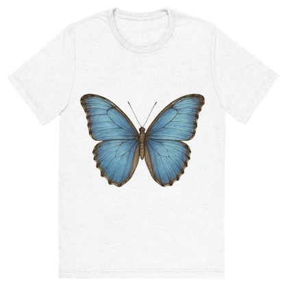 Front view of a Premium Tri-Blend Crew Neck T-Shirt in Solid White showing 'A hand-drawn, tranquil graphic of blue morpho butterfly'