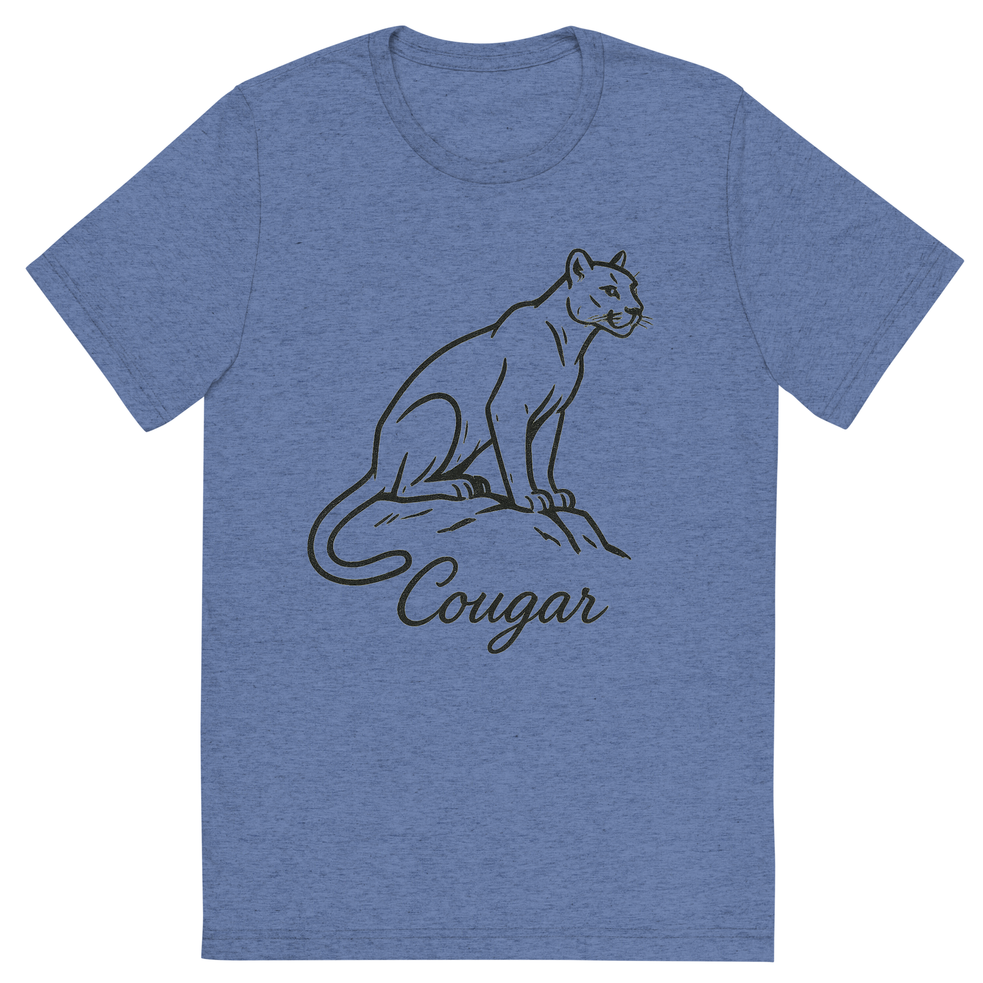 Front view of a Premium Tri-Blend Crew Neck T-Shirt in Blue showing 'A flat, neutral graphic of a minimalist sketch of a cougar perched with alert posture. “cougar” appears in elegant cursive beneath. ink on white.'