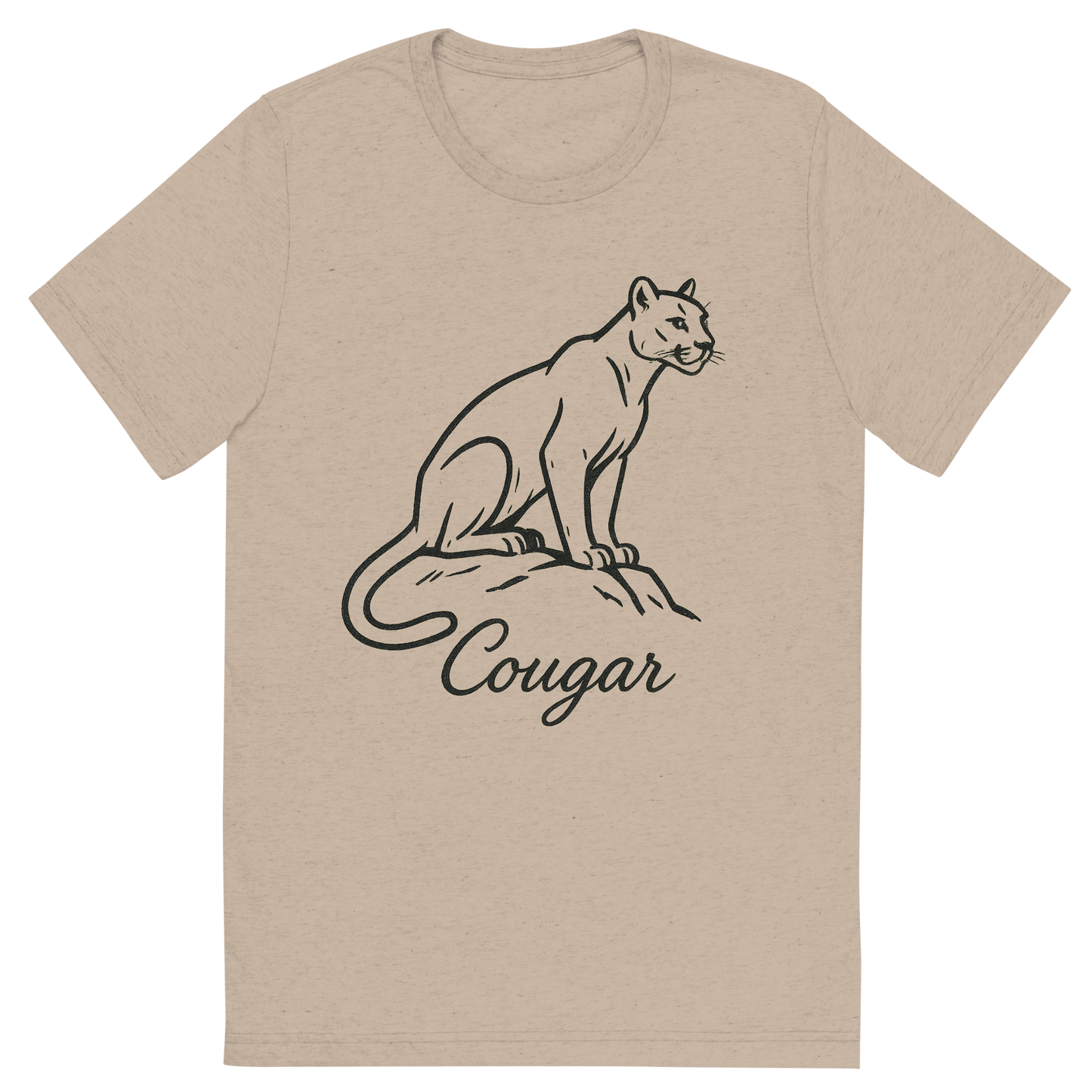 Front view of a Premium Tri-Blend Crew Neck T-Shirt in Tan showing 'A flat, neutral graphic of a minimalist sketch of a cougar perched with alert posture. “cougar” appears in elegant cursive beneath. ink on white.'