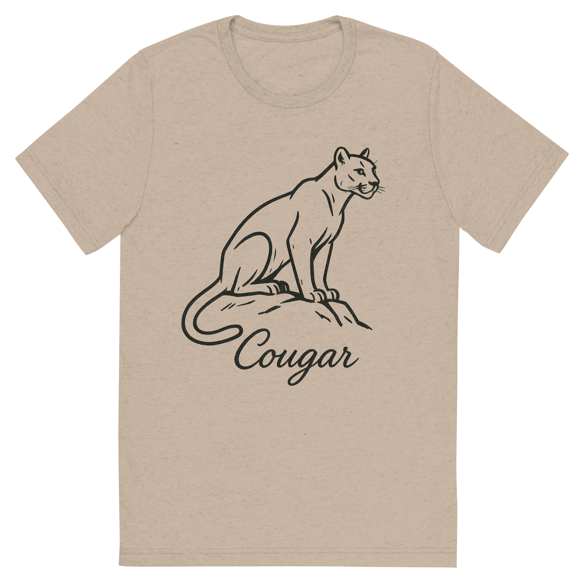 Front view of a Premium Tri-Blend Crew Neck T-Shirt in Tan showing 'A flat, neutral graphic of a minimalist sketch of a cougar perched with alert posture. “cougar” appears in elegant cursive beneath. ink on white.'