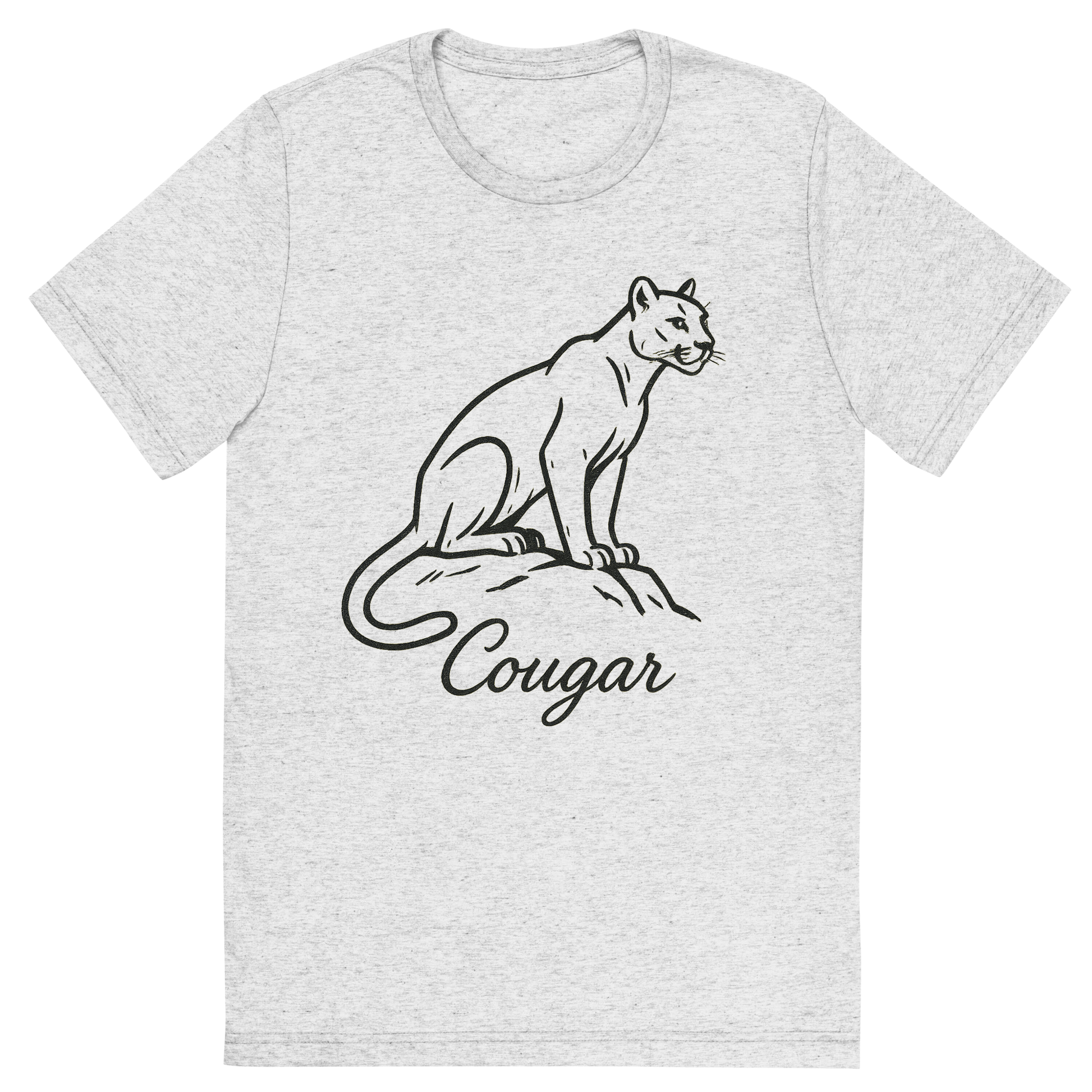 Front view of a Premium Tri-Blend Crew Neck T-Shirt in White Fleck showing 'A flat, neutral graphic of a minimalist sketch of a cougar perched with alert posture. “cougar” appears in elegant cursive beneath. ink on white.'