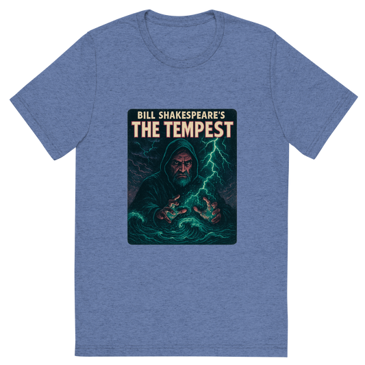 Front view of a Premium Tri-Blend Crew Neck T-Shirt in Blue showing 'A retro, edgy graphic of a visual representation of a key theme and character from william shakespeare's the tempest'