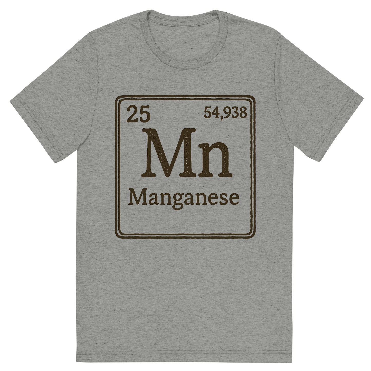 Front view of a Premium Tri-Blend Crew Neck T-Shirt in Athletic Grey showing 'A line art, nostalgic graphic of manganese's entry on the periodic table, use a dark color for the lines and text'