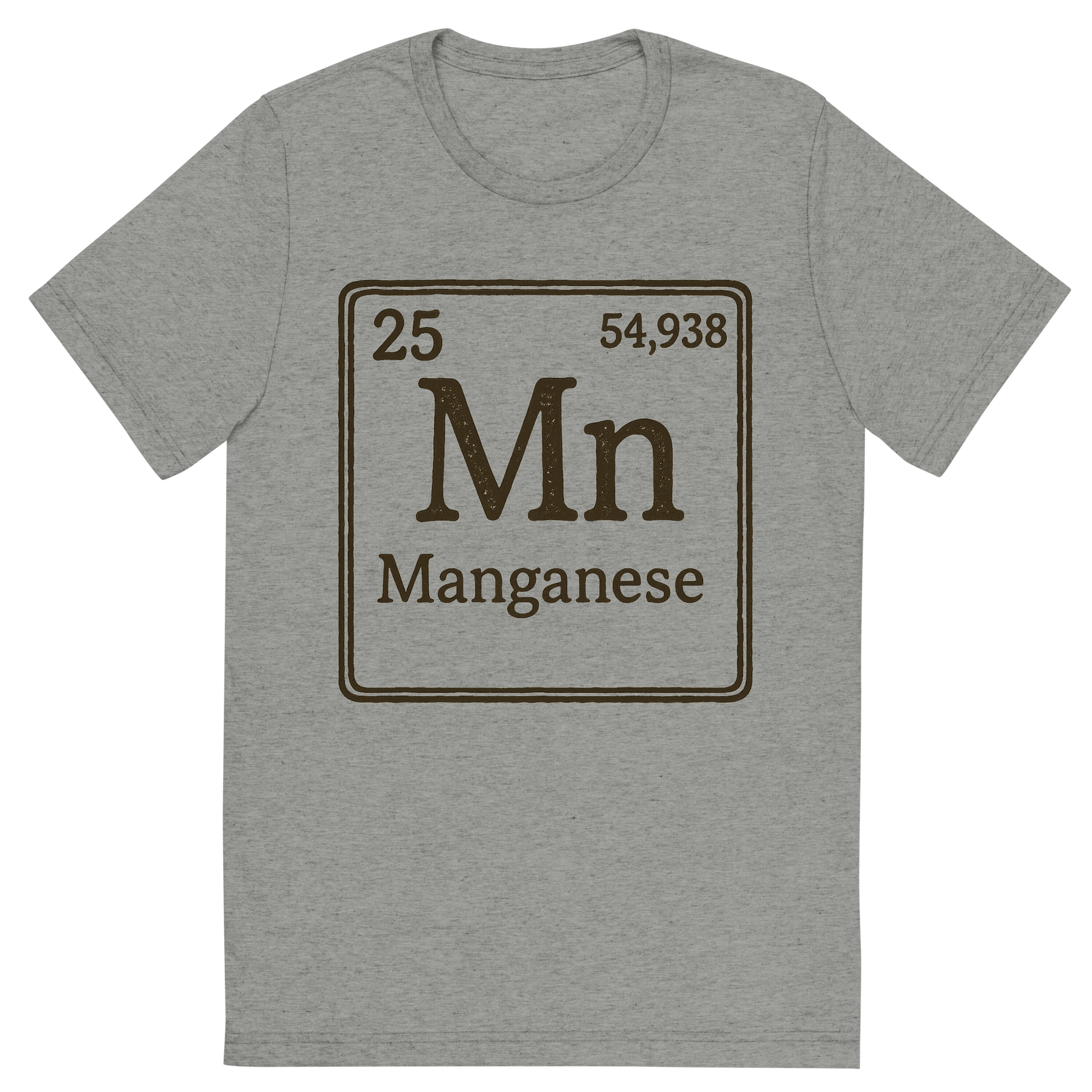 Front view of a Premium Tri-Blend Crew Neck T-Shirt in Athletic Grey showing 'A line art, nostalgic graphic of manganese's entry on the periodic table, use a dark color for the lines and text'