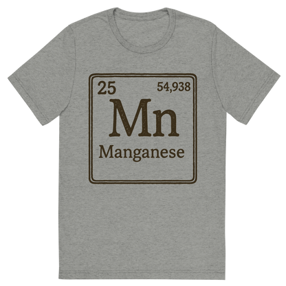 Front view of a Premium Tri-Blend Crew Neck T-Shirt in Athletic Grey showing 'A line art, nostalgic graphic of manganese's entry on the periodic table, use a dark color for the lines and text'