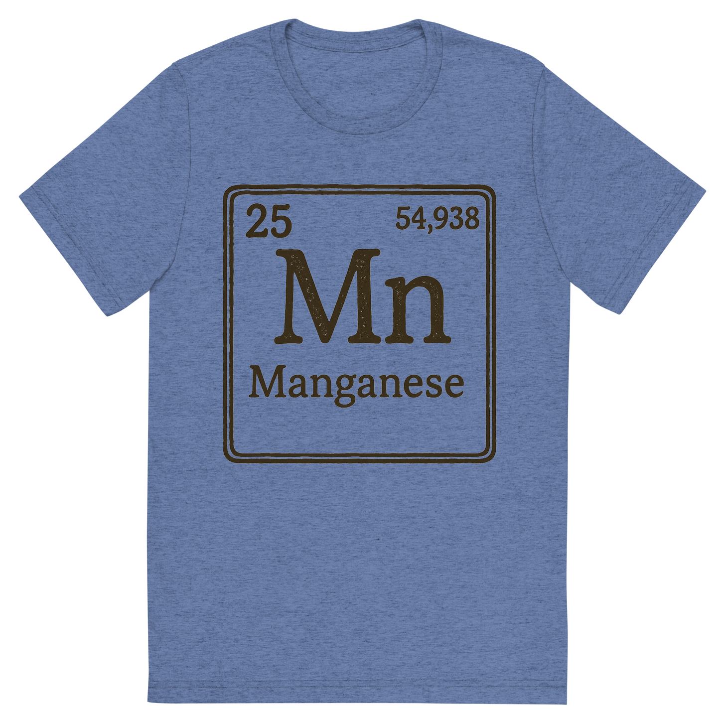 Front view of a Premium Tri-Blend Crew Neck T-Shirt in Blue showing 'A line art, nostalgic graphic of manganese's entry on the periodic table, use a dark color for the lines and text'