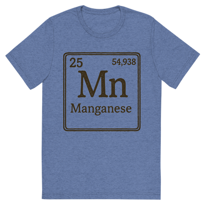 Front view of a Premium Tri-Blend Crew Neck T-Shirt in Blue showing 'A line art, nostalgic graphic of manganese's entry on the periodic table, use a dark color for the lines and text'