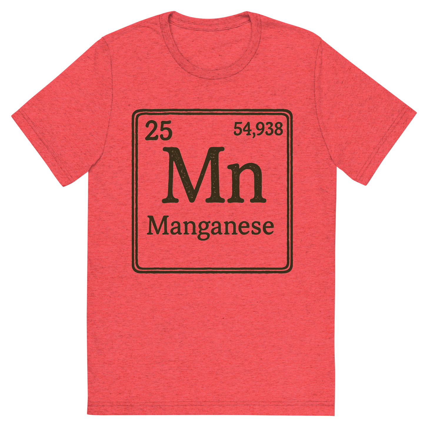 Front view of a Premium Tri-Blend Crew Neck T-Shirt in Red showing 'A line art, nostalgic graphic of manganese's entry on the periodic table, use a dark color for the lines and text'