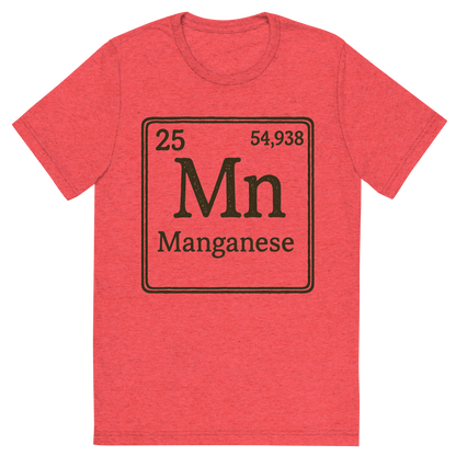 Front view of a Premium Tri-Blend Crew Neck T-Shirt in Red showing 'A line art, nostalgic graphic of manganese's entry on the periodic table, use a dark color for the lines and text'