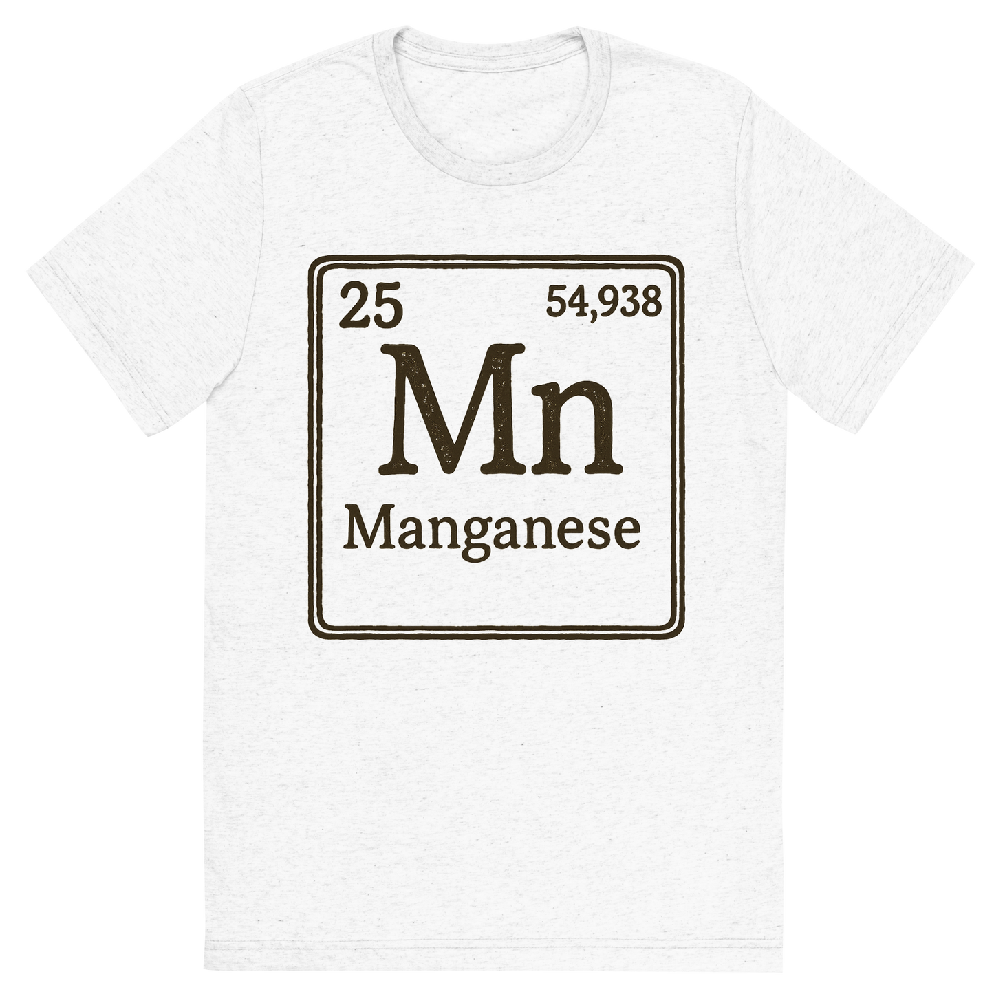 Front view of a Premium Tri-Blend Crew Neck T-Shirt in Solid White showing 'A line art, nostalgic graphic of manganese's entry on the periodic table, use a dark color for the lines and text'