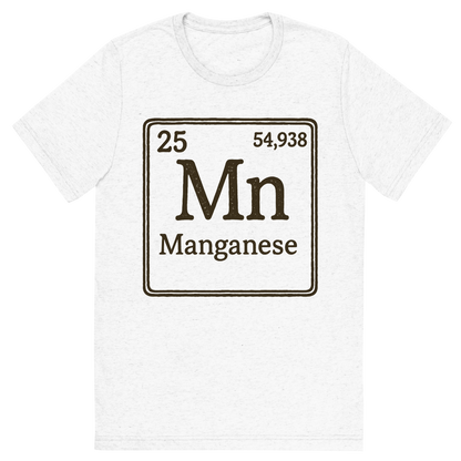 Front view of a Premium Tri-Blend Crew Neck T-Shirt in Solid White showing 'A line art, nostalgic graphic of manganese's entry on the periodic table, use a dark color for the lines and text'