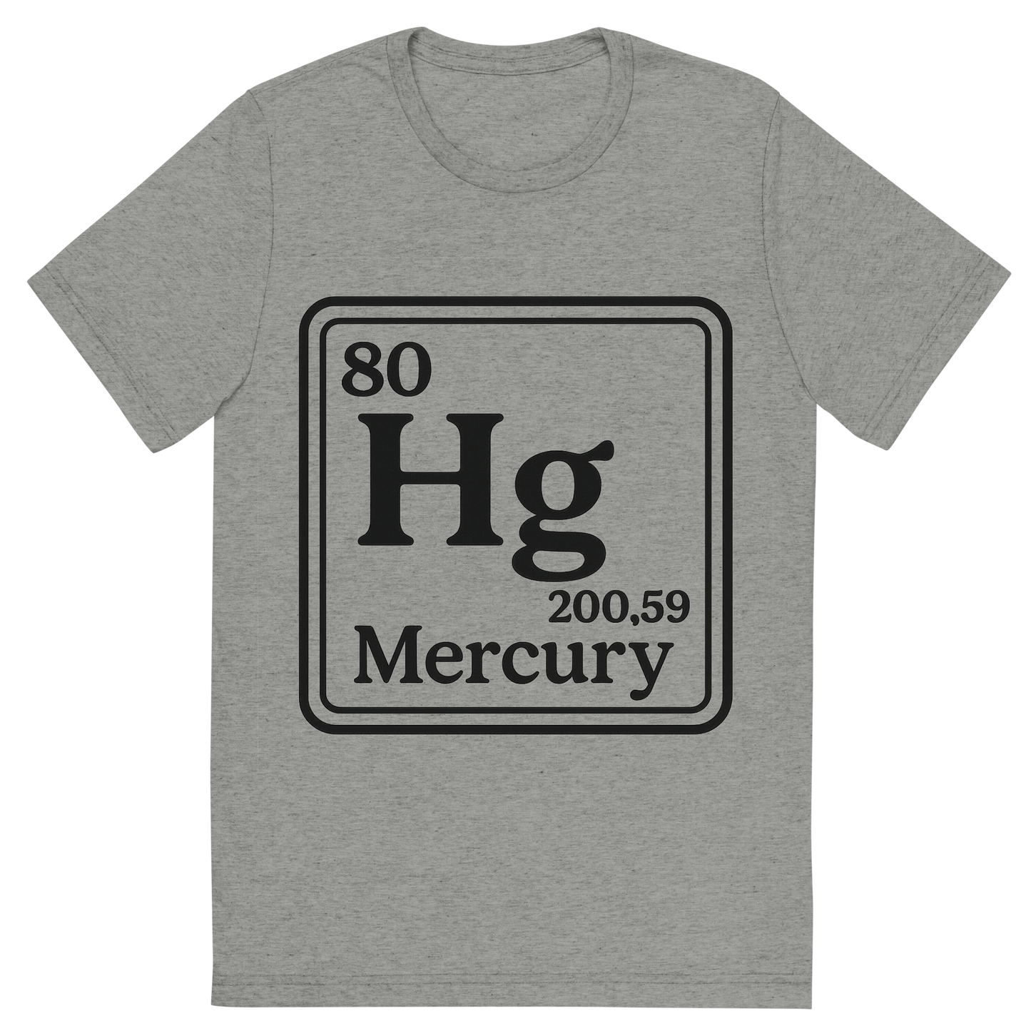 Front view of a Premium Tri-Blend Crew Neck T-Shirt in Athletic Grey showing 'A line art, nostalgic graphic of mercury's entry on the periodic table, use a dark color for the lines and text'