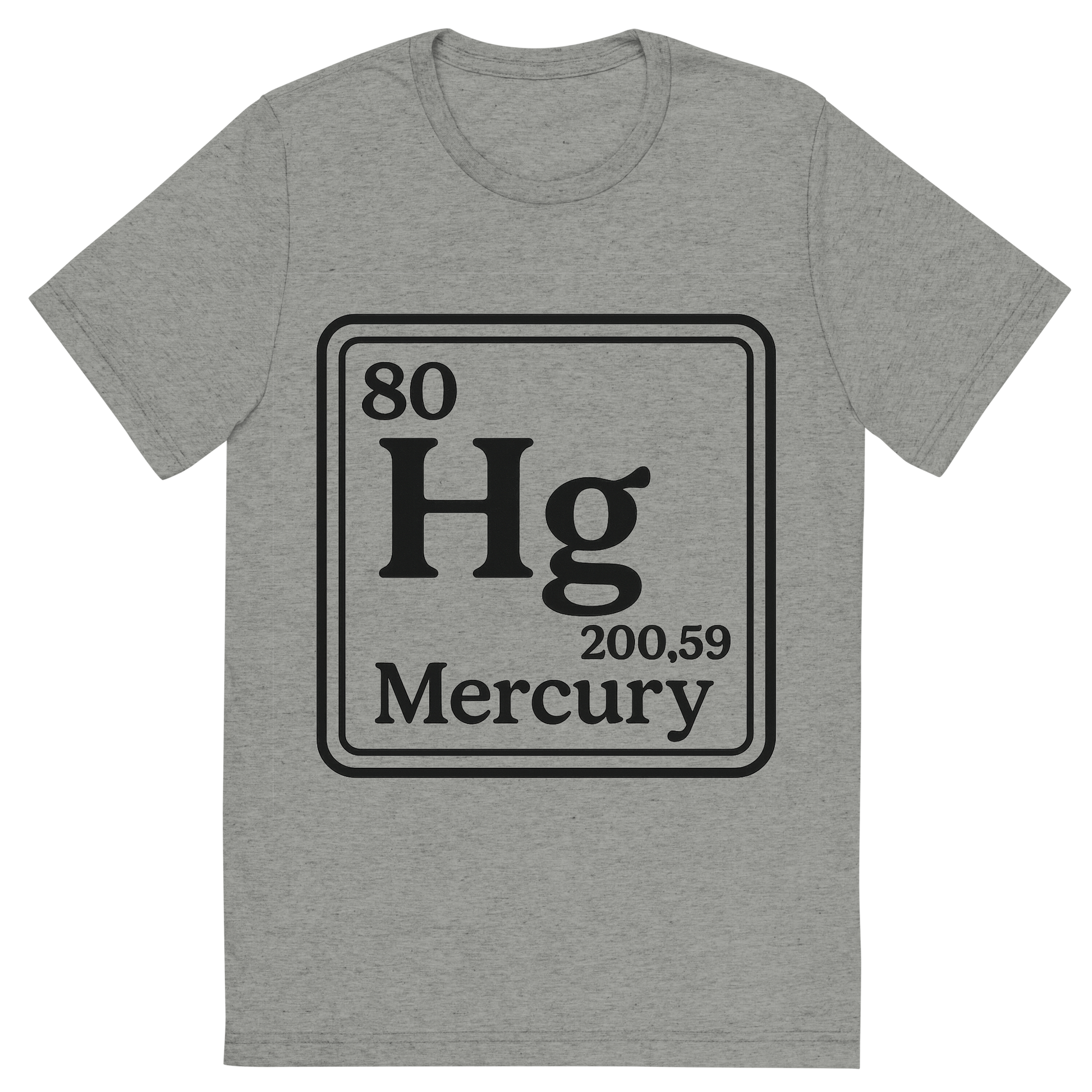 Front view of a Premium Tri-Blend Crew Neck T-Shirt in Athletic Grey showing 'A line art, nostalgic graphic of mercury's entry on the periodic table, use a dark color for the lines and text'
