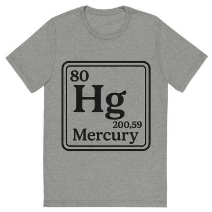 Front view of a Premium Tri-Blend Crew Neck T-Shirt in Athletic Grey showing 'A line art, nostalgic graphic of mercury's entry on the periodic table, use a dark color for the lines and text'