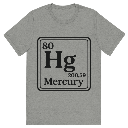 Front view of a Premium Tri-Blend Crew Neck T-Shirt in Athletic Grey showing 'A line art, nostalgic graphic of mercury's entry on the periodic table, use a dark color for the lines and text'