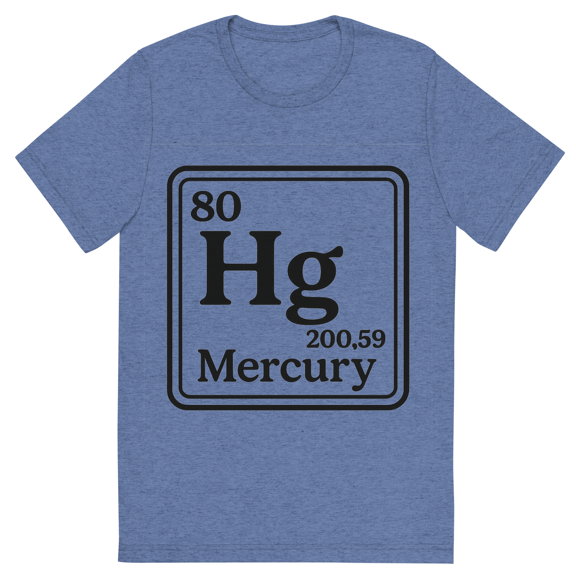 Front view of a Premium Tri-Blend Crew Neck T-Shirt in Blue showing 'A line art, nostalgic graphic of mercury's entry on the periodic table, use a dark color for the lines and text'