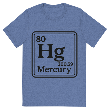 Front view of a Premium Tri-Blend Crew Neck T-Shirt in Blue showing 'A line art, nostalgic graphic of mercury's entry on the periodic table, use a dark color for the lines and text'