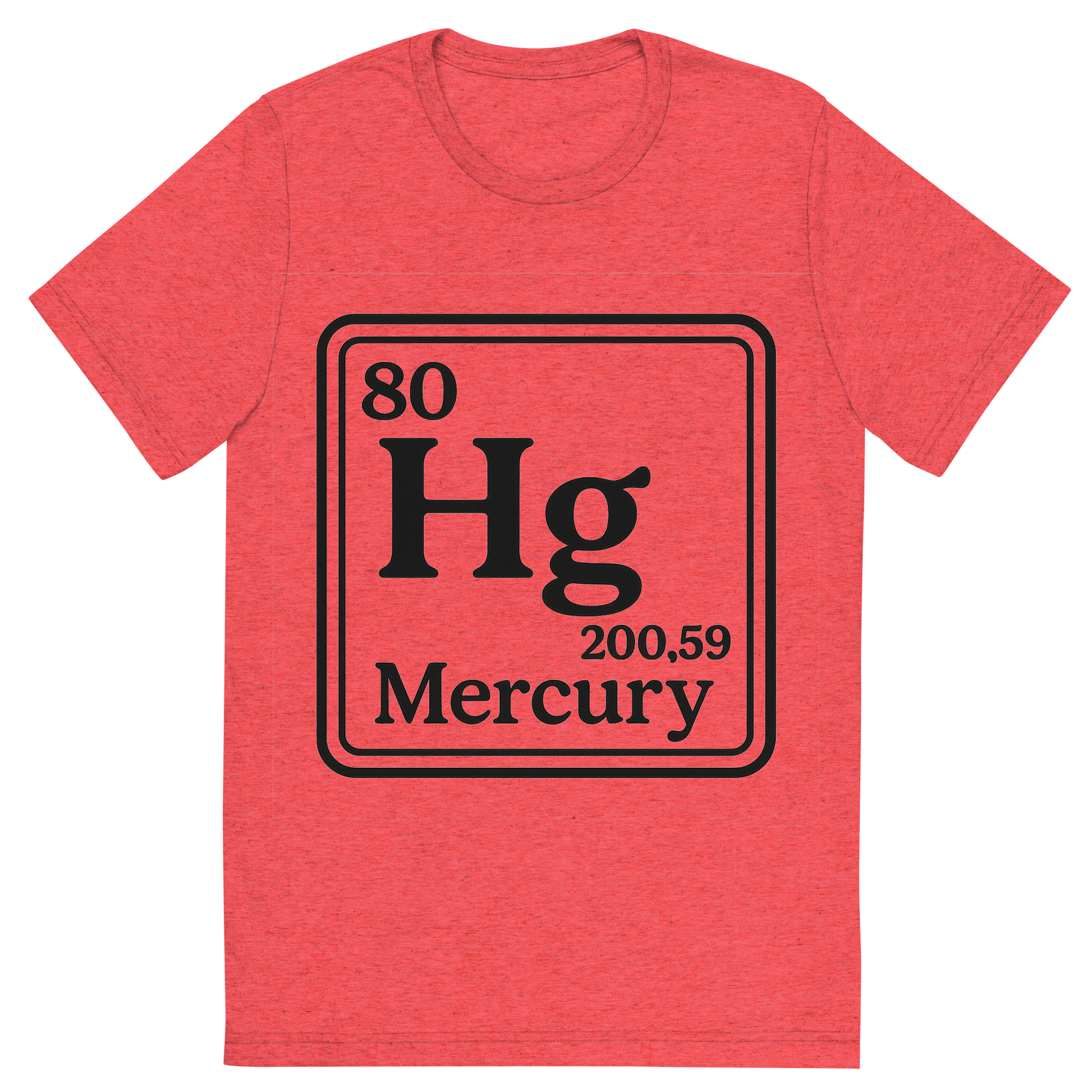 Front view of a Premium Tri-Blend Crew Neck T-Shirt in Red showing 'A line art, nostalgic graphic of mercury's entry on the periodic table, use a dark color for the lines and text'
